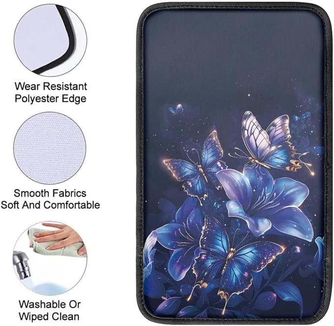 Blue Purple Butterfly Car Armrest Storage Box Mat Car Center Console Cover Car Armrest Seat Box Cover for Most Vehicle, SUV, Truck Car Decors