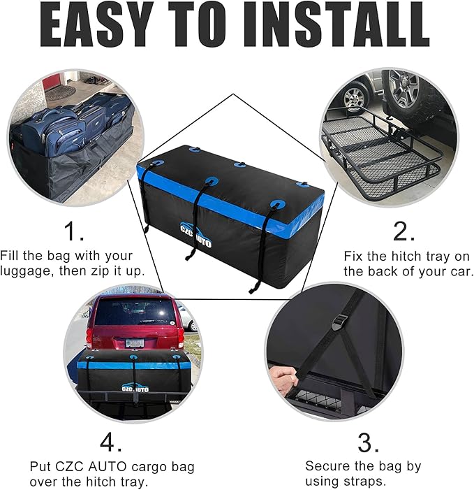 CZC AUTO Hitch Cargo Carrier Bag, 20 cu. ft Waterproof/Rainproof/Weatherproof Cargo Traveling Bag for Car Truck SUV Vans' Hitch Trays and Hitch Baskets, Safe Steady Durable Soft (Blue)