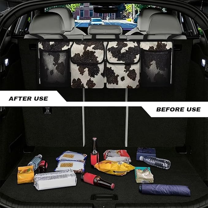 Black Cow Spots Backseat Trunk Organizer for Car Large Capacity Multipurpose Cargo Bag,Sturdy Space Saving Expert