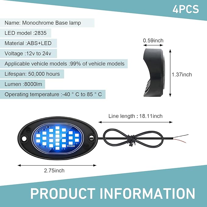 4 PCS LED Rock Lights Kits, Super Bright Ambient Underglow Lights, Waterproof LED Rock Light Kit, Universal Undercar Light for Pickup Off Road RZR SUV ATV UTV Car (Ice Blue)