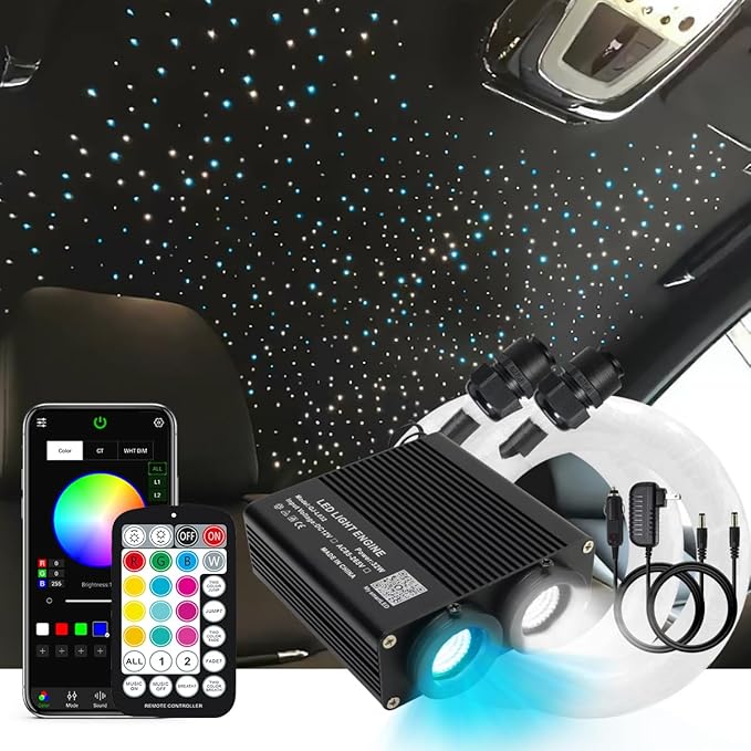 AKEPO New 32W Dual-Head Dual Color RGBW Fiber Optic Lights, 860pcs of Mixed 3 Diameter Optical Fibers in 9.8ft+Music Sound Activated Fiber Optic Star Ceiling Sky Light Kit for Car Headliner Star/Home