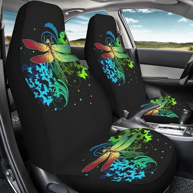 BIGCARJOB Butterflies Dragonfly Car Seat Covers Full Set,Dragonfly Pattern Bucket Seat Cover for Cars,SUV Truck,Univerfal Fit Auto Interior Accessories Car Seat Protector Set of 2 pcs