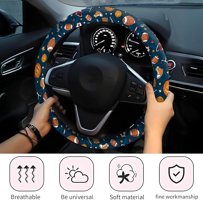 Car Steering Wheel Cover, Universal 15 Inch Neoprene Non-Slip Steering Wheel Covers, Funny Car Accessories for Women Men Fit Auto, Suvs, Truck Cute Blue Sport Balls
