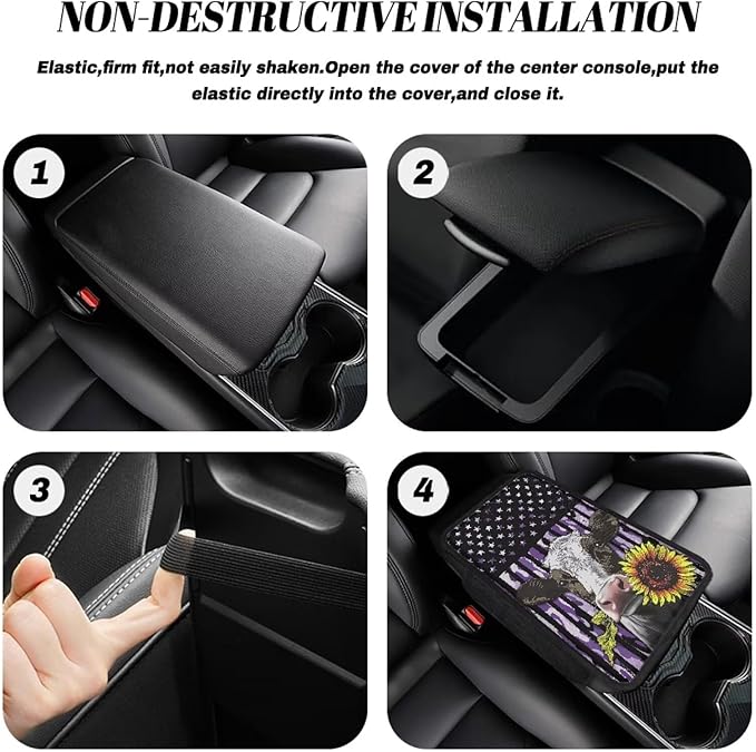 Cow Sunflower Flag Pattern Car Armrest Cover Soft Middle Console Cover Washable Automobile Center Console Pad Armrest Seat Box Cover Protector with Pockets Storage Bag