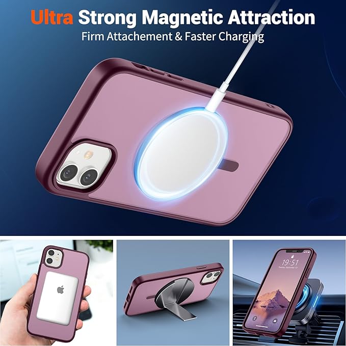 SUPFINE Magnetic for iPhone 12 Mini Case & iPhone 13 Mini Case with Screen Protector (Compatible with MagSafe) (Military Grade Drop Protection) Translucent Matte Shockproof Phone Cover,Wine Red