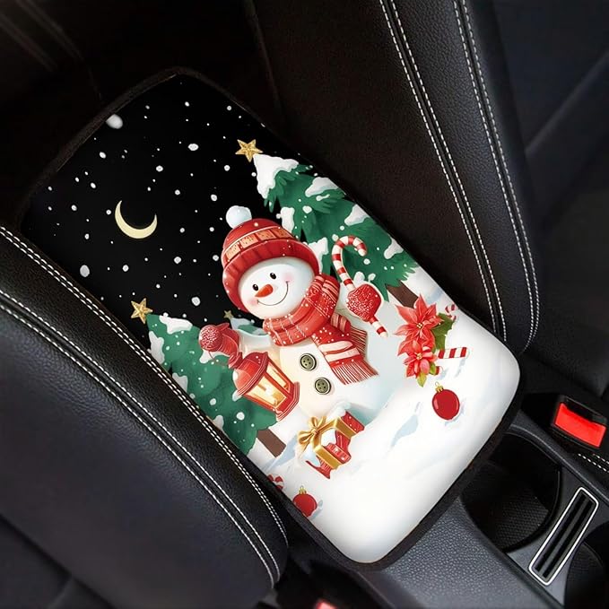 Snow Snowman Xmas Vehicle Armrest Covers Car Center Console Cushion Pad Middle Storage Organizer Pad Universal Style Car Interior Thanksgiving Decor