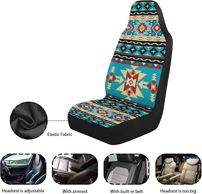 ELEQIN Car Seat Covers, Seat Cover Front Car Seat Cushion, Blue Aztec Geometric Front Auto Protector Universal Fit Most Cars, Automotive Interior Accessory