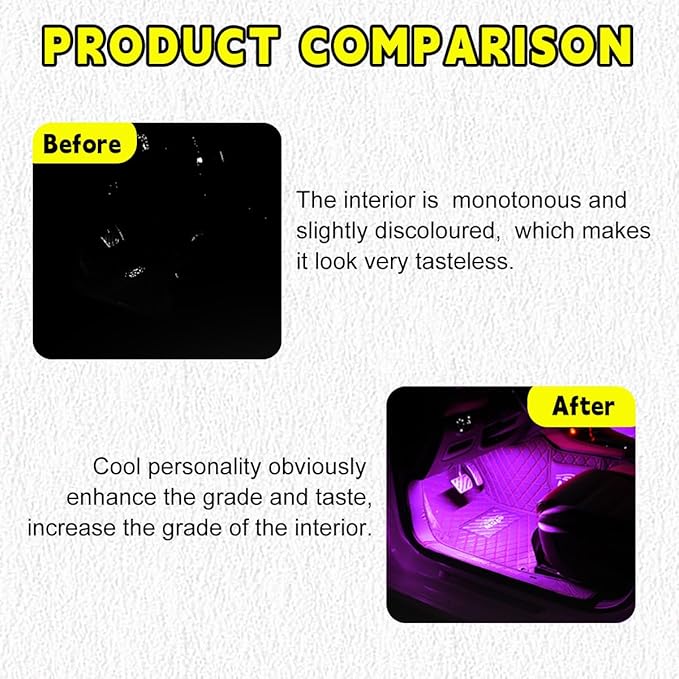 Car LED Strip Light, 48 LEDs RGB Neon Interior Atmosphere Lights, 12V Under Dash Ambient Night Light, USB Port Auto Interior Decorative Lamp, Universal Car Accessories (Pink Purple)