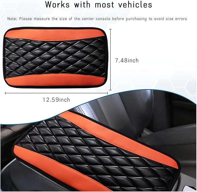 Car Center Console Cushion Pad, Universal Leather Waterproof Armrest Seat Box Cover, Comfortable Auto Armrest Cover Protector, Car Interior Decor Accessories for Most Vehicles (Black & Orange)