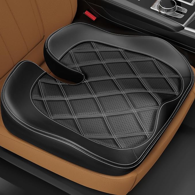 ZIKEE Leather Car Seat Cushion for Driving Relieves Tailbone & Thigh Pain, Ergonomic Dual Memory Foam Seat Cushion for Car, Raised Back for Wider Vision, Rub-Resistant & Easy-to-Clean Cover, Non-Slip