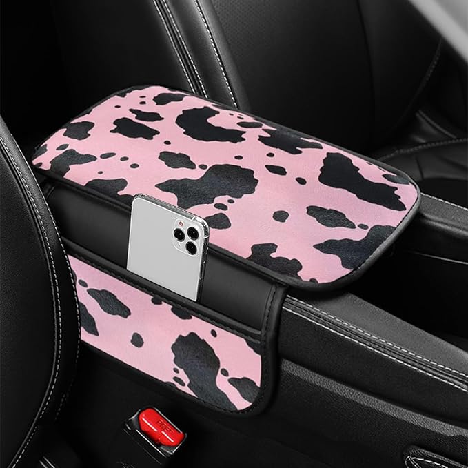 Cow Print Car Center Console Cover PVC Leather Armrest Cushion with 2 Storage Bags Universal Car Armrest Seat Box Pad Car Interior Accessories Protector for Women Men (Pink Black)