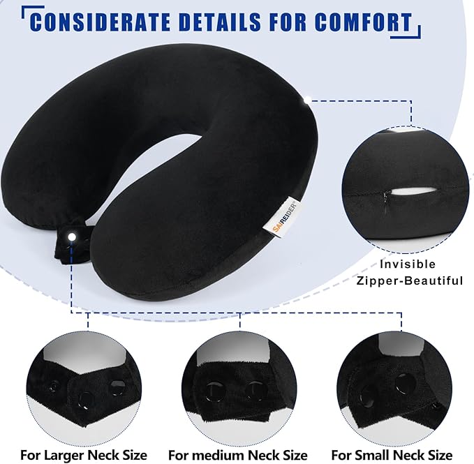 SAIREIDER Travel Pillow 100% Pure Memory Foam Travel Neck Pillow with Storage Bag, Airplane Pillow for Traveling、Car、Home、Office，Washable Cover（Black）