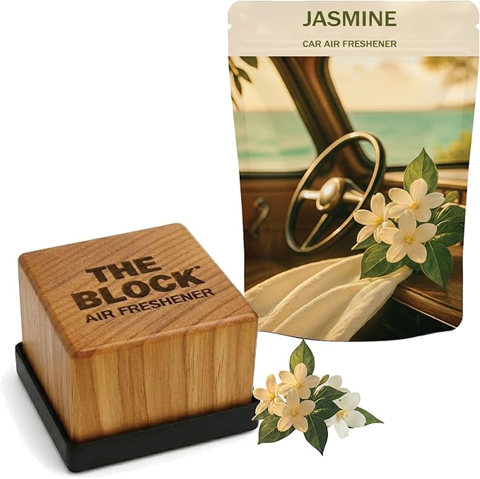 The Block - Wooden Car Air Freshener & Odor Eliminator - Long Lasting 30+ Day Scent - Car & Home Use - Fresh Gift Idea - Made in USA - JASMINE