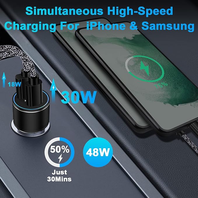 48W USB C Car Charger, All Metal 12V USB Outlet PD & QC 3.0 Fast Charge iPhone Car Charger Adapter Type C Flush Fit Car Plug for iPhone 17 16e 16 15 14 13 12 11 Pro Max SE XR,Samsung S26 S25 S24 A17