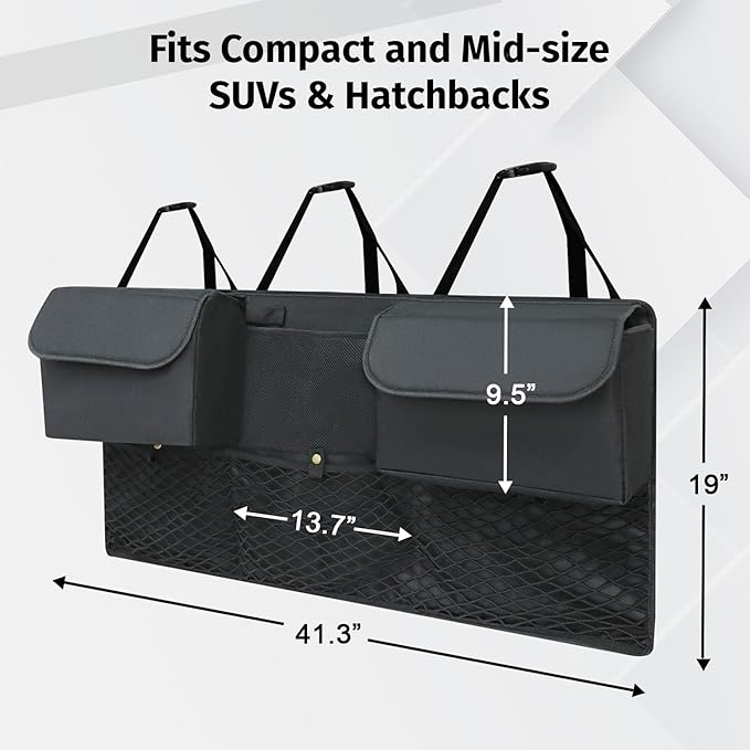 Deluxe Trunk Organizer for Medium or large size SUVs & RVs, Backseat Hanging Trunk Organizer, Waterproof Collapsible Car Storage Bag with 6 Pockets, Reinforced No-Sag Design