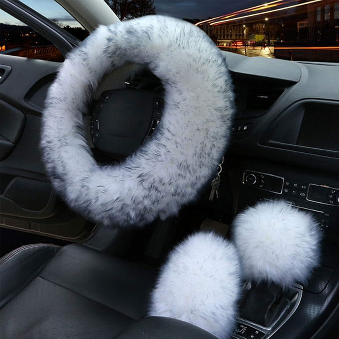 1 Set 3 Pcs Car Steering Wheel Cover & Handbrake Cover & Gear Shift Cover Set Faux Wool Warm Winter (Grey-3pcs)