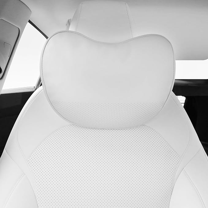 Headrest Pillow Comfortable Neck Pillow Support Cushion for Tesla Model 3 Highland Model Y Model S Model X Cybertruck Adjustable Strap Soft Leather Pillow for Driving, 1 Pack, White