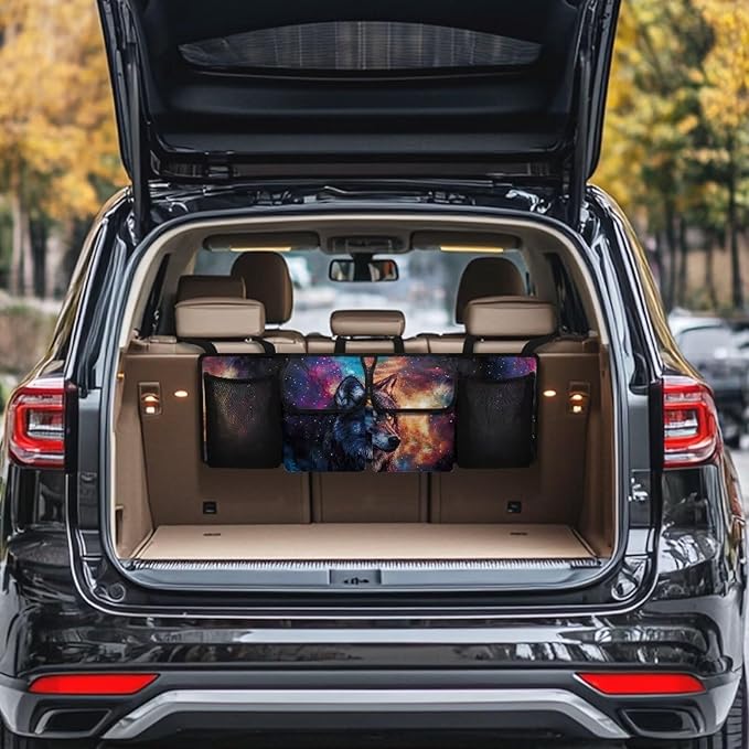 Wolf Galaxy Car Trunk Organizer with 4 Pockets Hanging Car Backseat Storage Bag Multipurpose Adjustable Car Interior Accessories for SUV Pickup Truck Van