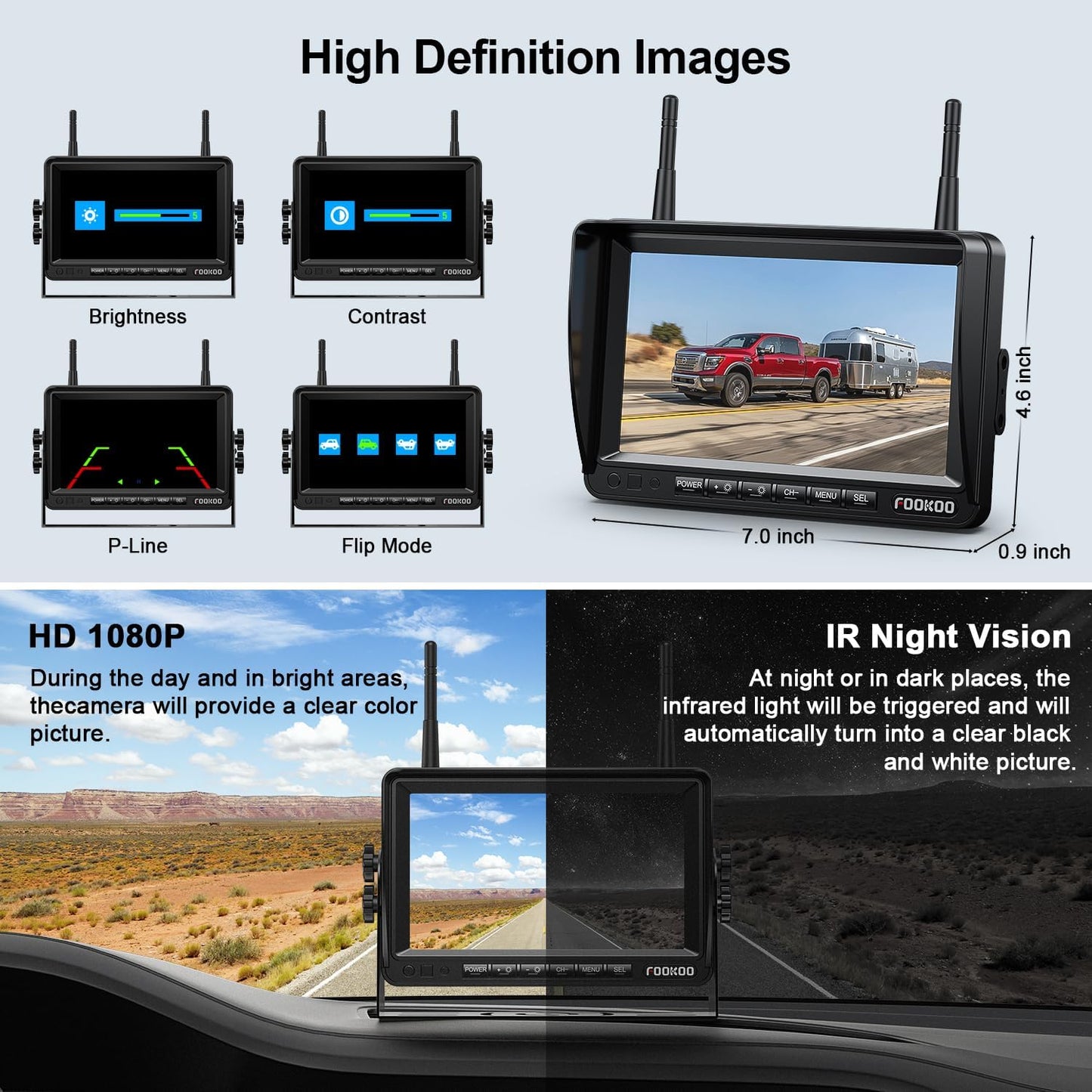 Fookoo HD 1080P 7-inch Wireless Backup Camera, 7" Split Screen Monitor + Rear View Licence Plate Camera, DIY Guide Lines Wide Angle IP69 Waterproof Easy to Install for Car Pickup Van SUV - DW7CT