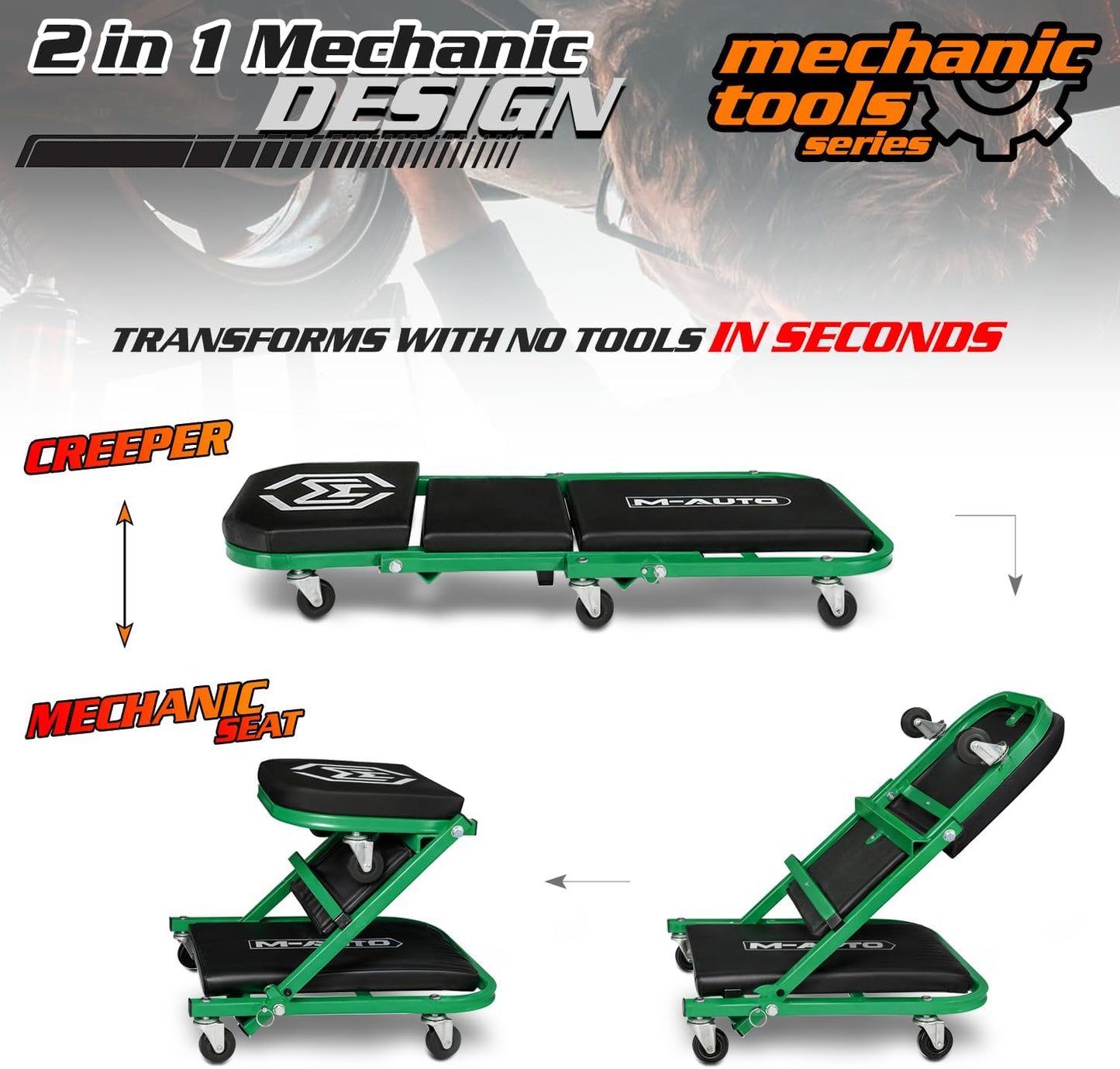 M-AUTO 40-Inch Folding Creeper Rolling Seat, All-in-One Adjustable Roller Garage Chair, Lay Down or Sit, 330LBS Capacity Under Car Roller Creeper with 6 Swivel Casters, Green