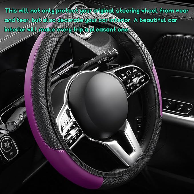 Car Steering Wheel Cover, 15 inch Carbon Fiber Microfiber Leather Elastic Steering Wheel Protector, Breathable Anti-Slip Comfortable Steering Wheel Covers for Most Cars (Black&Purple, AD)