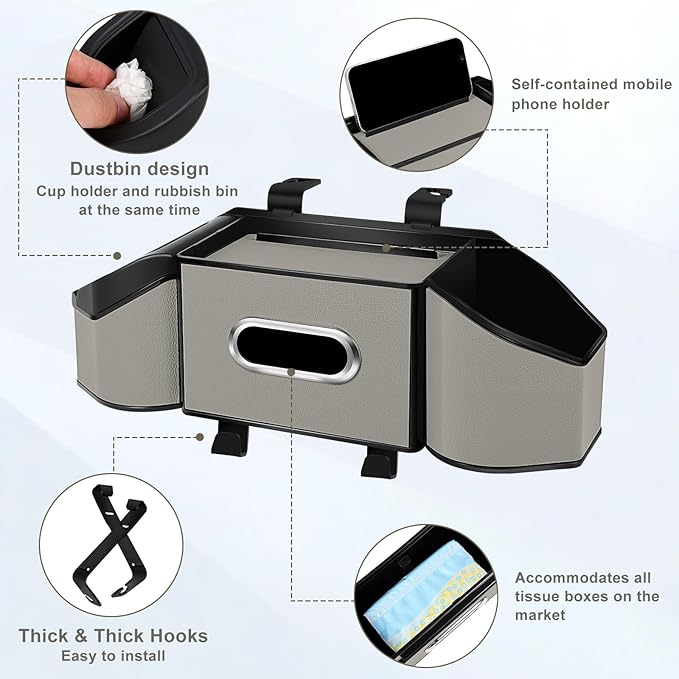 7-In-1 Car Seat Back Organizer with Cup Holders, Tissue Box, Garbage Can&Hooks, Multifunctional Headrest Storage Organizer, Headrest Cup Holder for Backseat, Car Accessories for Trips, Travels(Gray)