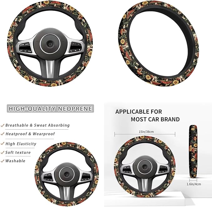 Sky Mushroom Picture 6pcs Car Steering Wheel Cover Set for Men Women Auto Interior Accessories Cup Coaster Cars Handbrake Cover Universal Fit Truck Van SUV