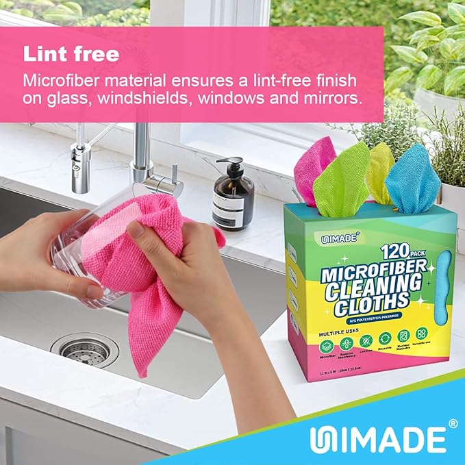 UNIMADE Microfiber Cleaning Cloth, 120 Pack Reusable Paper Towels Microfiber Towels for Cars Lint Free Washable Tissues Shop Rags with Dispenser Box for Home Kitchen Automotive, 11"x 9", Multicolor