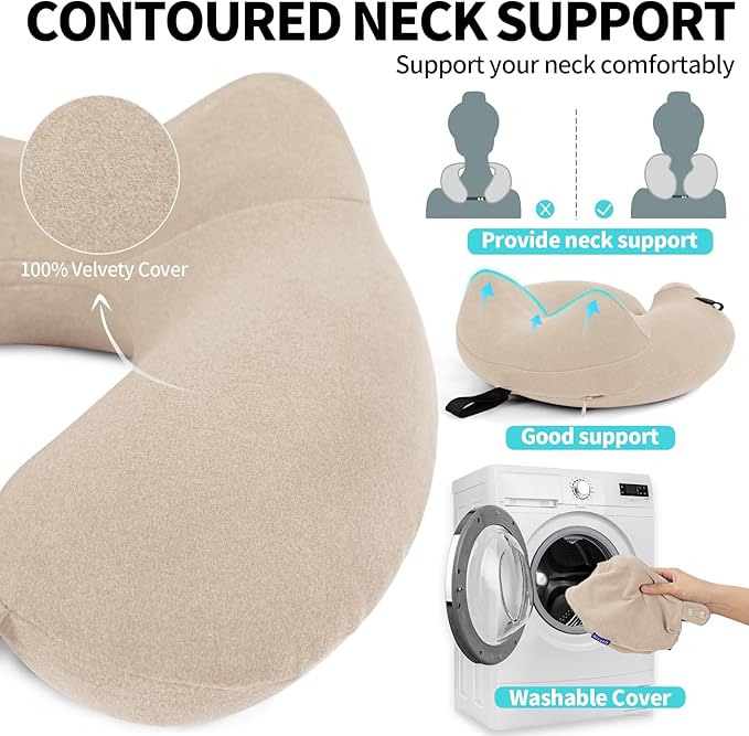 Inflatable Travel Neck Pillow for Airplane, Head Support Velvet Adult Neck Pillow for Long Flight, Kit with Eye Mask, Earplugs and Storage Bag,1, Beige