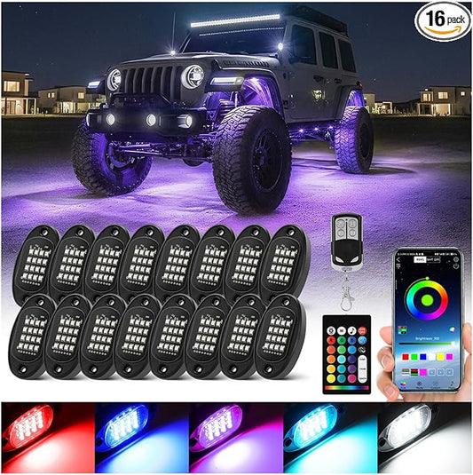 16 Pods RGB LED Rock Lights for Semi Trucks Offroad Pickup Trailer Sedan, Segmented Change Color Underglow Lights Kit with APP/RF Control, 12V Waterproof Neon Multicolor Vehicle Underbody Light