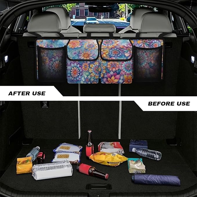 Car Trunk Organizer Boho Mandala Floral Flowers Back Seat Car Organizer with Adjustable Straps for Women Car Backseat Trunk Organizer
