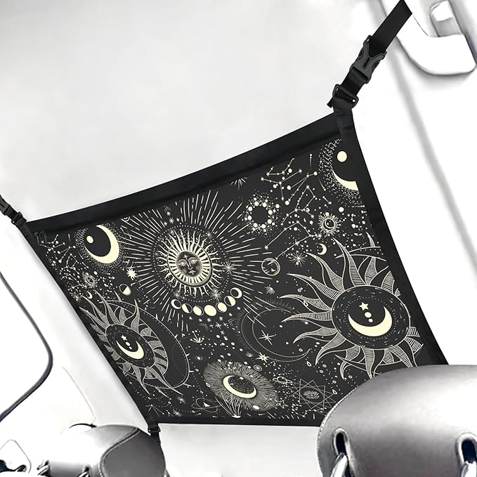 Planet Car Ceiling Cargo Net Pocket Hanging Storage Bag with Zipper 31.5"x21.6" Double-Layer Mesh Car Roof Storage Organizer Long Road Trip Truck SUV Travel Camping