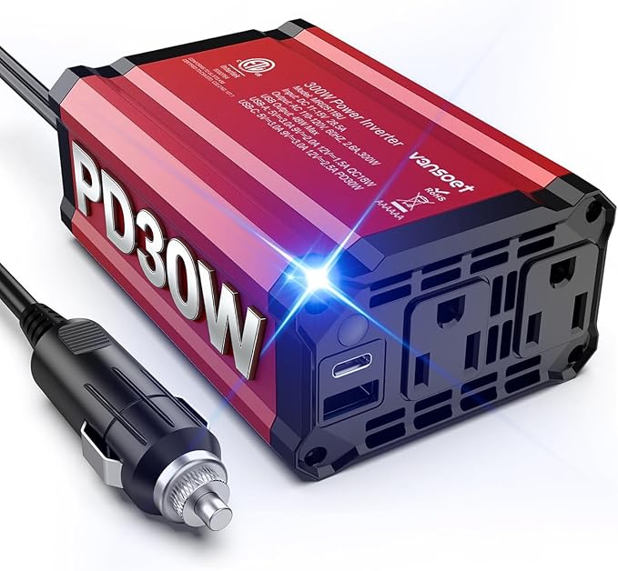 300w Power Inverter DC 12V to AC 110V - vansoet Car Plug Adapter Outlet with 3.4A Dual USB Fast Charging Port - Car Charger Cigarette Lighter Adapter for Phone, Laptop on Road Trip (Red-30)