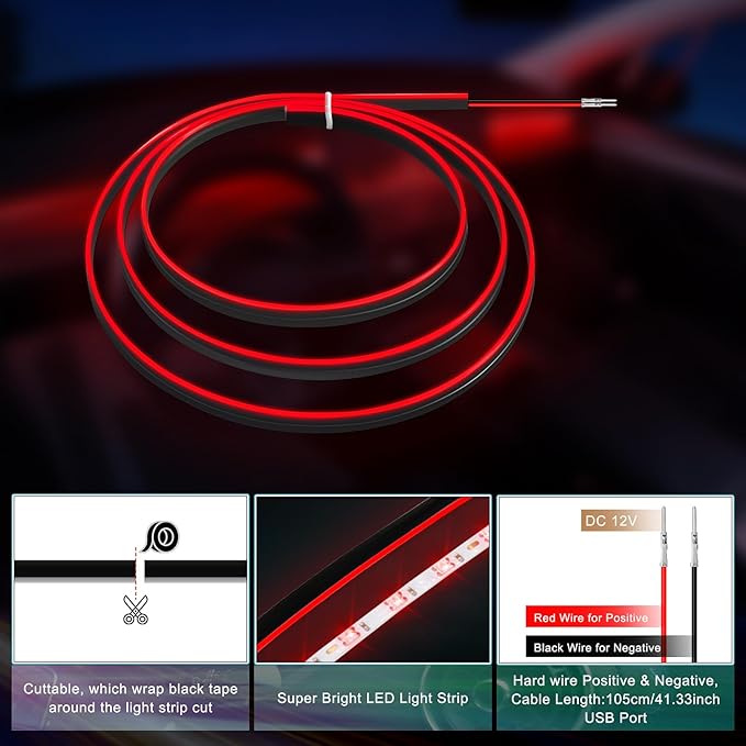 Acrylic Interior Car LED Strip Light with 6mm Sewing Edge - 43.3 inches Ambient Lighting Kits, Neon LED Strip Light(110CM/43.3IN, Red)