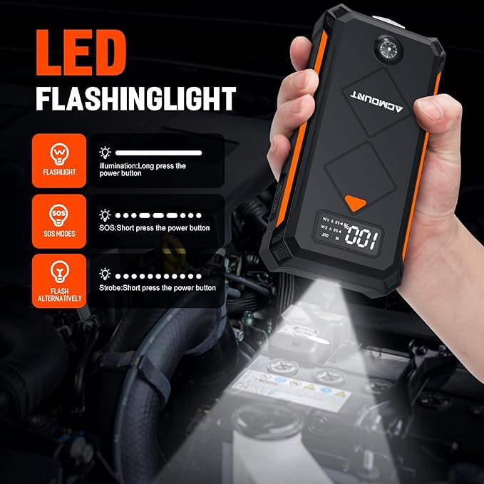 Acmount P110 Car Jump Starter, 6000A Peak Lithium Jump Starter Battery Pack for Up to 10.0L Gas or 8.0L Diesel Engine, Safe 12V Portable Battery Starter Power Pack with LED Screen & LED Light - Orange