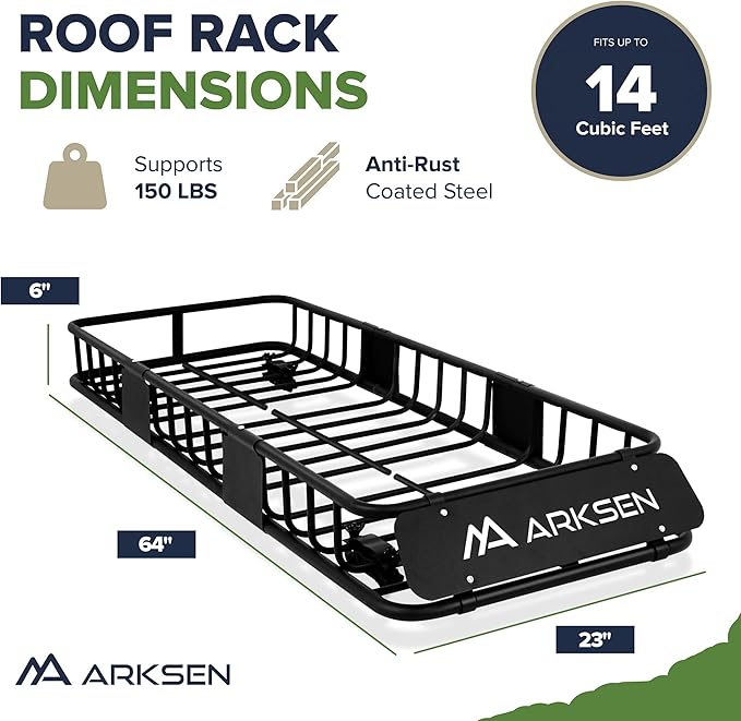 ARKSEN 64"x23"x6" Skinny Roof Rack Cargo Carrier Basket, Heavy Duty Weather Resistant Top Mount Cargo Rack, Luggage & Camping Gear Storage for Car, Truck or SUV Transport