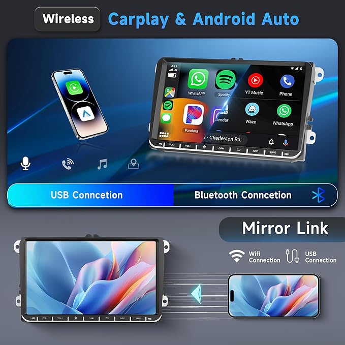 4G 64G Android Car Stereo for VW Passat Jetta Tiguan Golf MK5 MK6 T5 EOS Polo Touran Seat Sharan Carplay Android Auto Radio, 9'' Touchscreen Bluetooth Mirror Link WiFi GPS FM/RDS DSP Backup Camera
