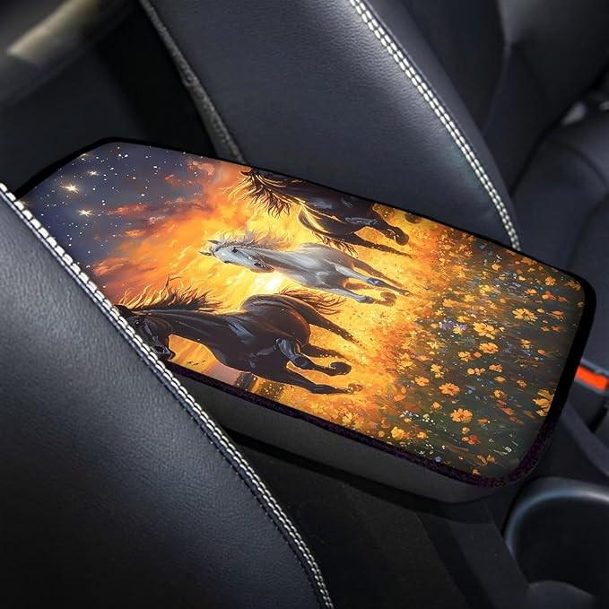 Floral Sunset Horse Truck Vehicle Armrest Covers Car Center Console Cushion Pad Middle Storage Organizer Pad Universal Style Car Interior Decor