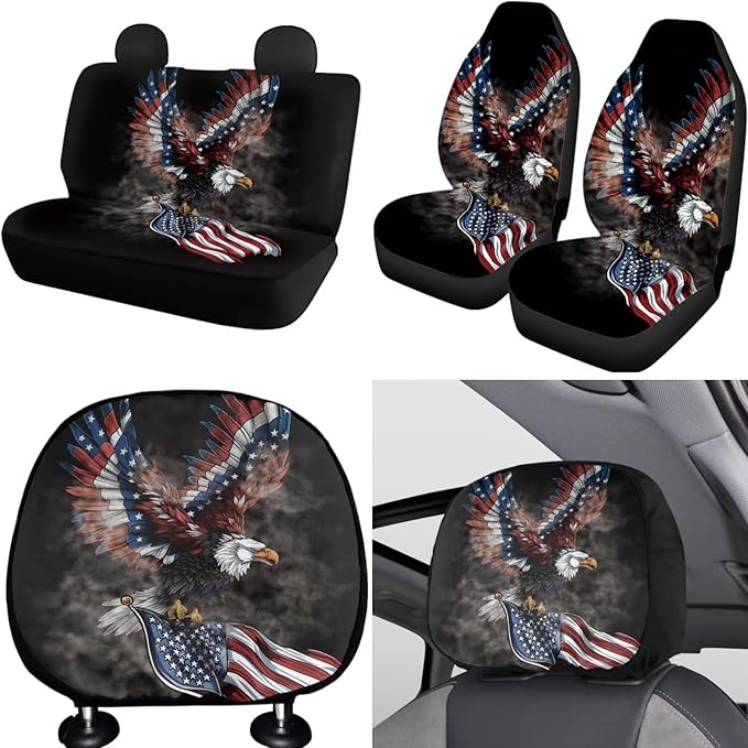 FKELYI Eagle American Flag Car Seat Covers Full Set Car Headrest Covers Gear Shifter Knob and Handbrake Cover Set, Steering Wheel Protector,Cup Coasters