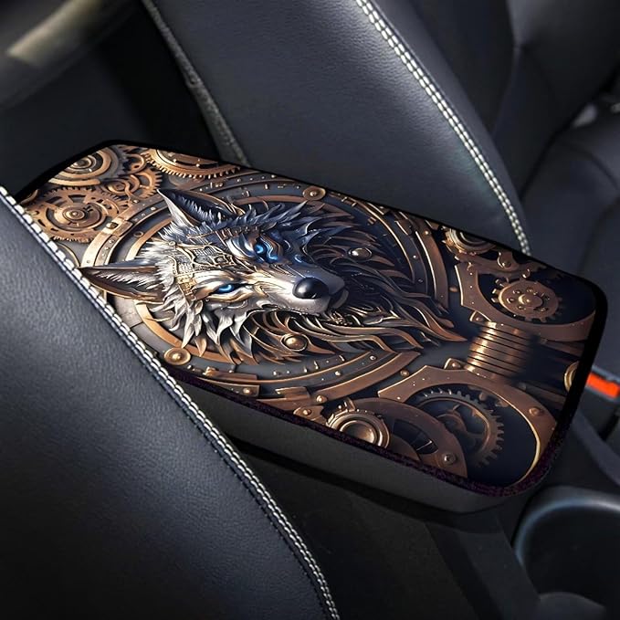 Wolf Print Armrest Cover Pad for Car Non Slip Decorative Center Console Cushion Scratch Proof Car Armrest Box Protector Cover