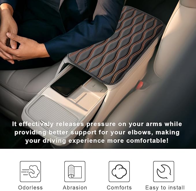 Car Center Console Cushion Pad, 12.48×7.40 Inches Waterproof Car Armrest Seat Box Cover, Comfortable PU Leather Vehicle Armrest Cover Protector, Car Decor Interior Accessories (Black＋Orange)