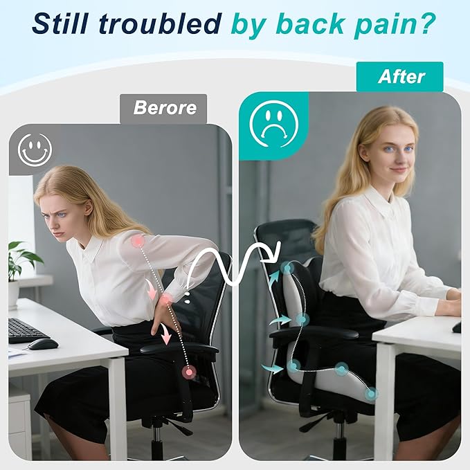 Seat Cushion for Office Chair and Car, Lumbar Support Pillow for Office Chair, Memory Foam Ergonomic Seat Cushion for Long Sitting, Back & Tailbone Pain, Sciatica - Dark Gray & Light Gray