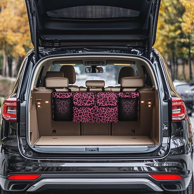 Trendy Car Trunk Organizer Pink Leopard Print Sturdy Back Seat Car Organizer for Women Girls Trunk Storage Bag with Extra Storage Space for SUVs,Trucks,Vans