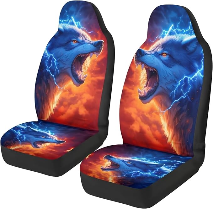 Fashion Wolf Car Front Seat Covers Elastic Fabrics Universal Front Seat Cover Removable Automotive Accessories Easy Installation Suitable for Cars SUV