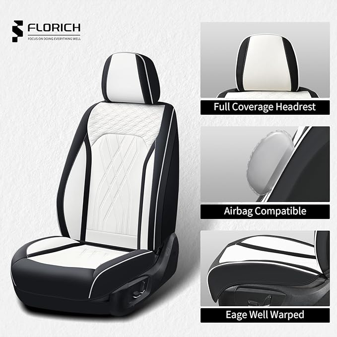 FLORICH Leather Cars Seat Covers Front Pair Seat Covers for Car Waterproof Automotive Seat Cover Vehicle Seat Interior Cushion Universal Fit for Most Car Truck SUV, Black&White