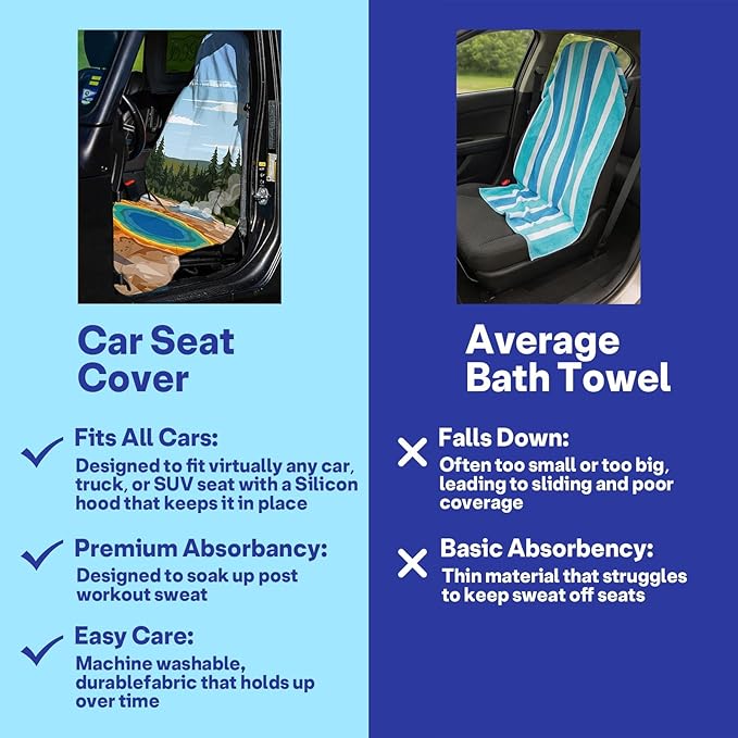 2 Pack Car Seat Towel Covers, Sweat Protector for Front Seats, Premium Thickened Microfiber with Elastic Strap, Breathable Quick Dry, Machine Washable Cover for Gym Running Universal Fit Hot Spring