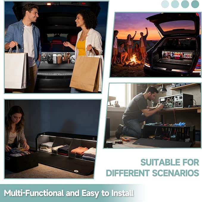 Car Trunk Organizer, Leather Trunk Organizer with LED Light Car Storage Box with Lid and Push-pull Handle Organizer Trunk Storage for SUV, Trunk, Minivan (Black, 42.9 x 11.4 x 12.2in)