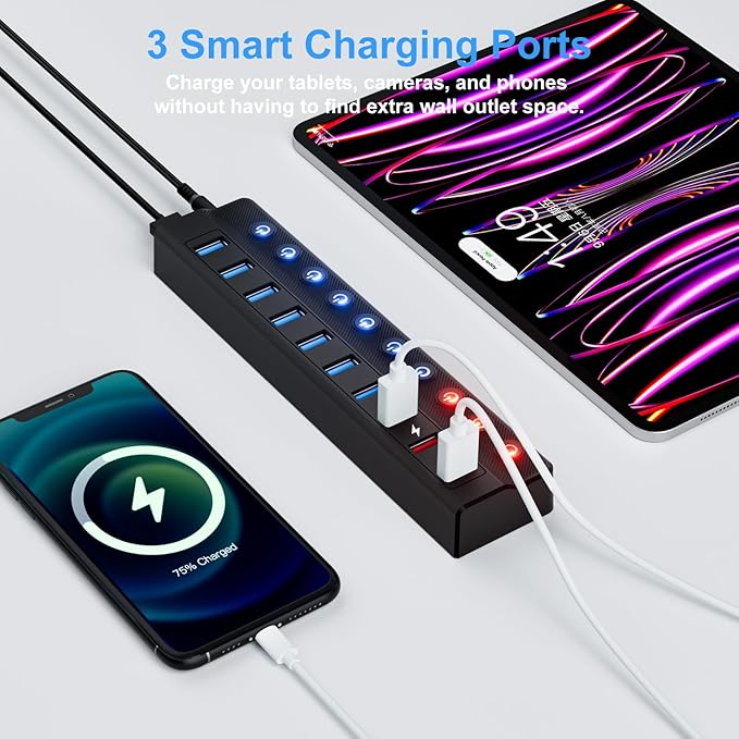 ONFINIO Powered USB Hub, 10-Port USB Splitter Hub (7 Faster Data Transfer Ports+ 3 Smart Charging Port) with Individual LED On/Off Switches and 12V/3A Power Adapter USB Extension for Mac, PC and More