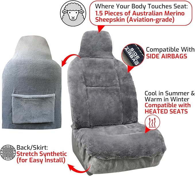 Aegis Cover Premium Australian Merino Sheepskin Car Seat Cover, Easy-Install Summer & Winter Universal Fit for SUV Truck Sedan Most Vehicles (FS-Grey)