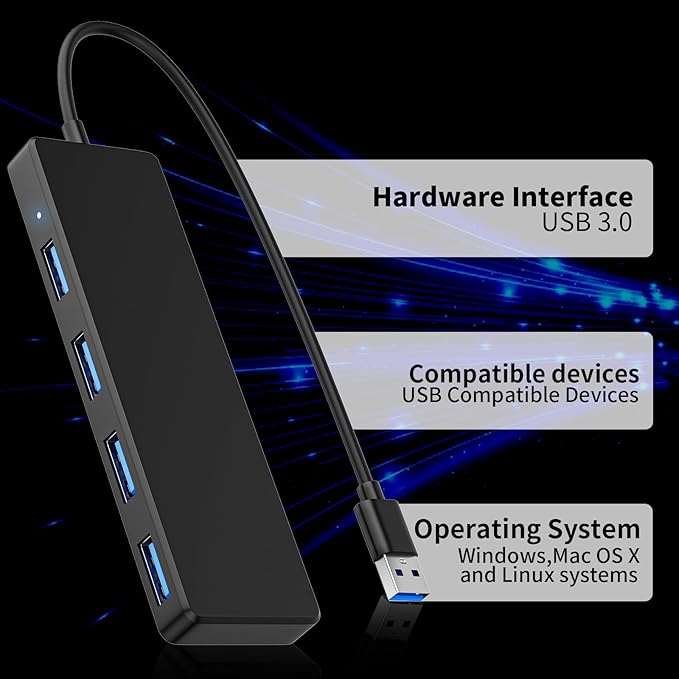USB 3.0 Hub, 4 Ports USB A Splitter Ultra Slim Mini USB Expander, Multiple USB Hub for Laptop, PC, Xbox, Flash Drive, HDD, Console, Printer, Camera, Keyborad, Mouse and More, Black